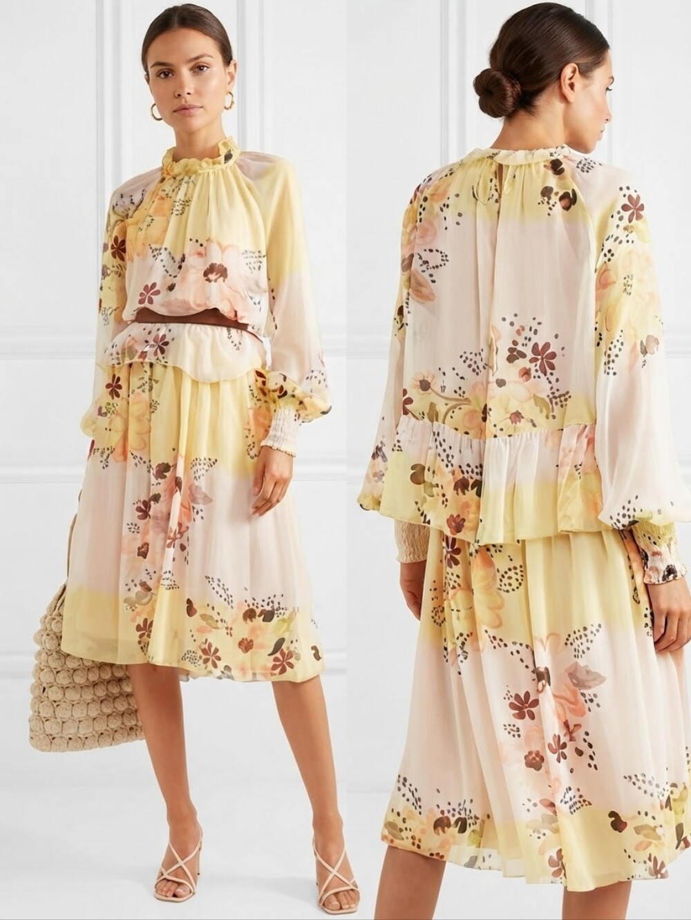 See By Chloe Tiered Floral Georgette Midi Dress 10 Yellow Boho Sheer Mock Neck